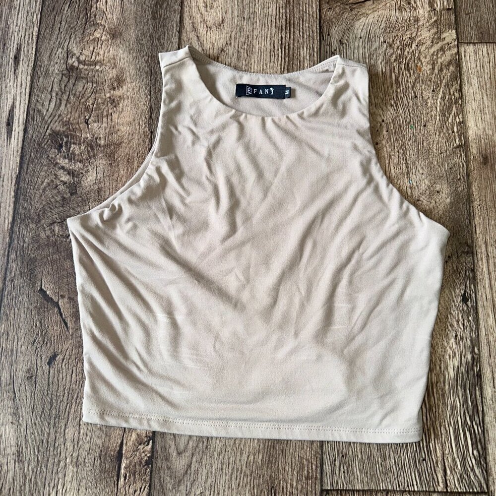 E FAN Medium Women's Taupe Tank Top Buttery Soft High Neck Cropped - Picture 4 of 12
